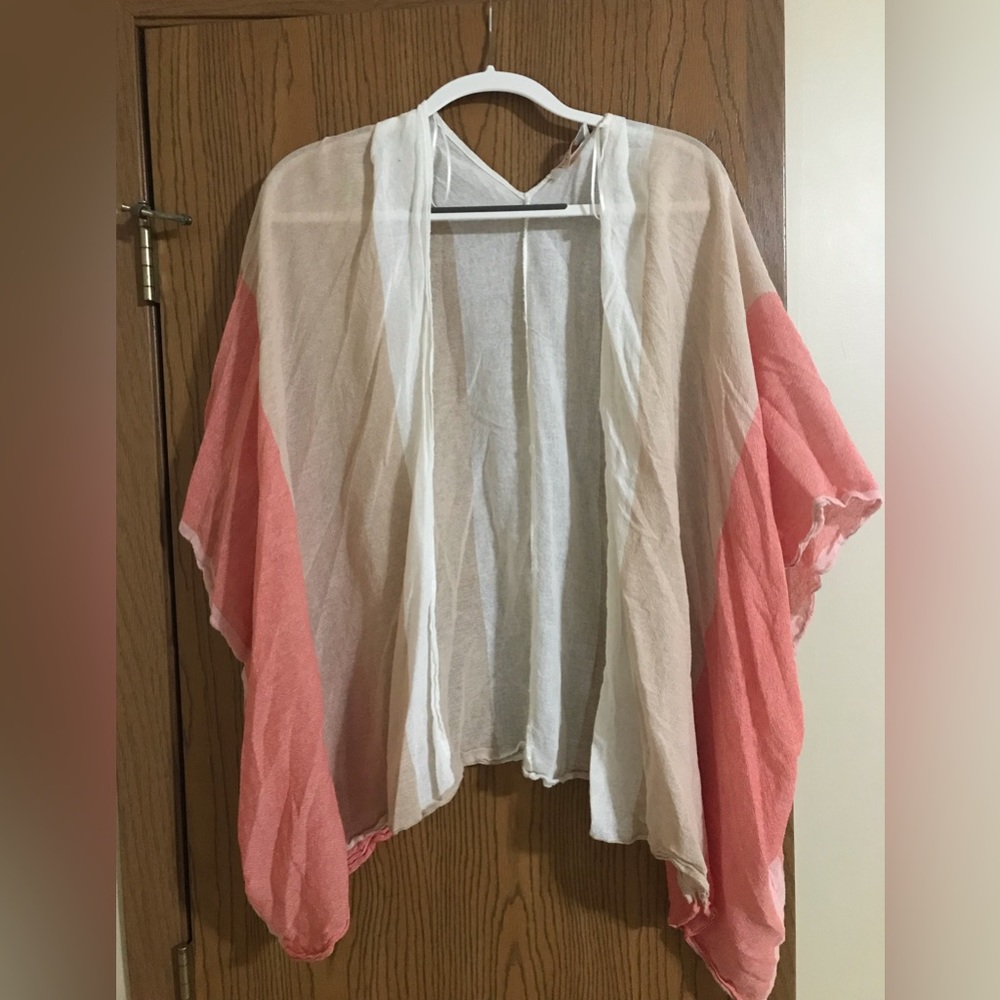 Light-weight white, salmon, and tan cardigan